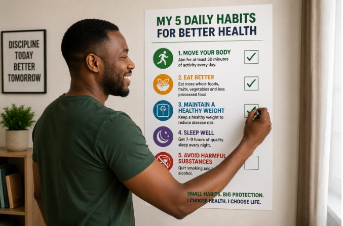 An African man working on a wall pasted checklist of daily habits
